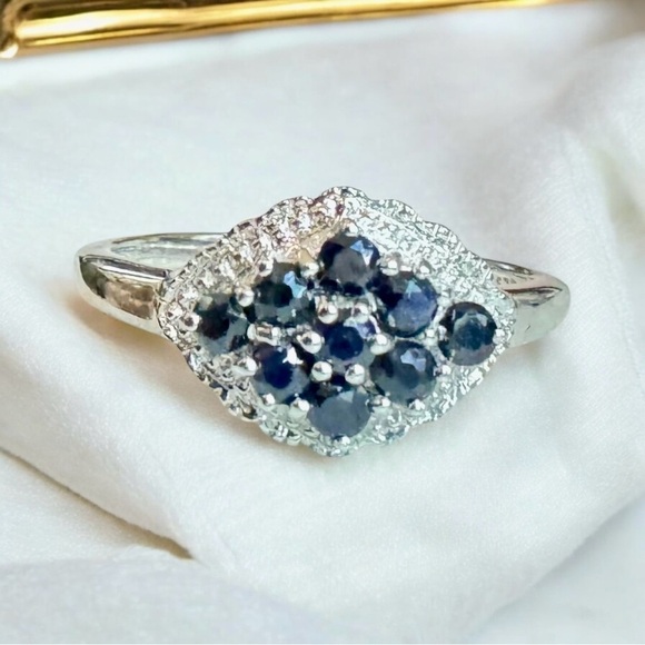 Genuine Sapphire Cluster Sterling Silver Ring (9) - Picture 3 of 6